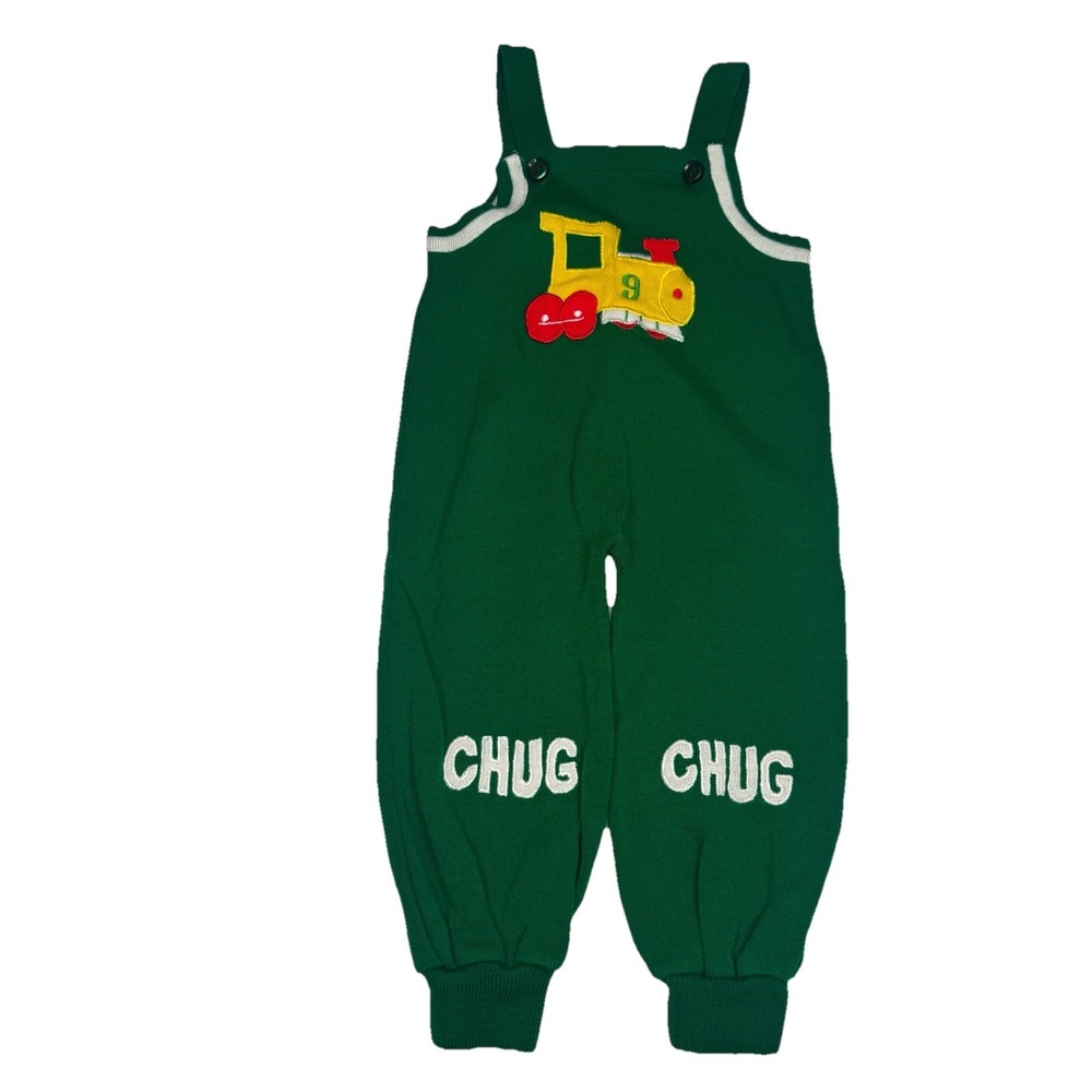 Vintage Mine Alone‎ Knit Baby Jumpsuit Train Acrylic Green 2pc Holiday Overalls